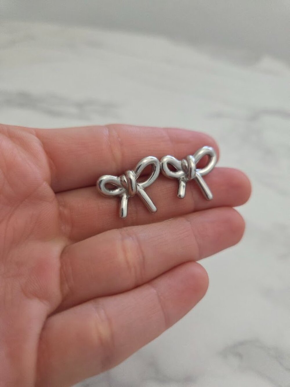 Silver Bow Stud Earrings Chunky Metallic Ribbon Coquette Statement Minimalist - Picture 7 of 8